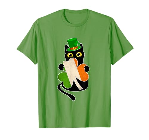Lustige Schwarze Katze mit Kleeblatt, irisches St. Patricks Day Lucky T-Shirt