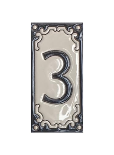 Jacho - Azulejos de números y letras pintados a mano, 11 x 5,5 cm, con marcos de filigrana metálicos opcionales (azulejo número 3)