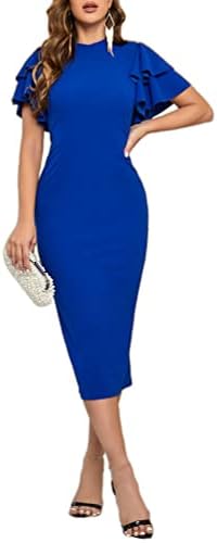 SWIWOEL Women Formal Cocktail Dresses Bodycon Ruffle Sleeves High Neck Elegant Party Work Dress Blue