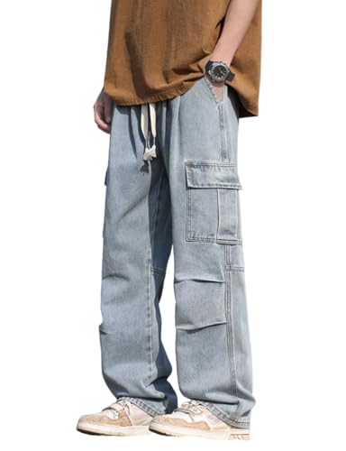 Kinghua Cargo Jeans Men Spring Fall Elastic Waist Drawstring Vintage Streetwear Trousers Baggy Denim Pants with Pockets