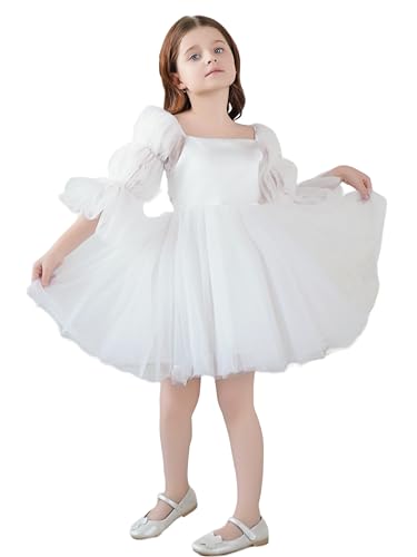 LalaMira Flower Girl Dress Puff Sleeve & Knee-Length Girl Dresses Tulle/Satin Tutu Dress for Wedding Birthday Party Daily