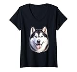 donna ritratto di cane husky siberiano maglietta con collo a v