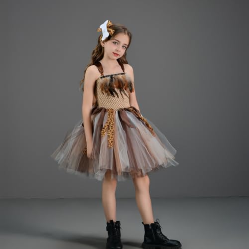 IBAKOM Girls Cosplay Indian Cavegirl Princess Costume Ruffle Tulle Dress and Hair Bow Role Play Costume for Kids Girls Brown L/6-7Y - Image 4