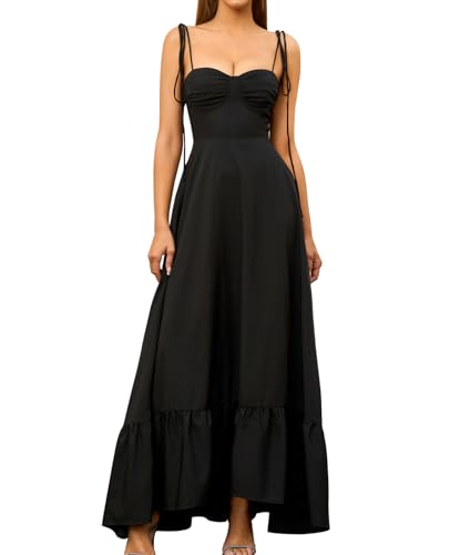 GLNEGE Women's Summer Spaghetti Strap Maxi Wedding Guest Dress Smocked Ruffle Tea Party Dresses Flowy A Line Sundress