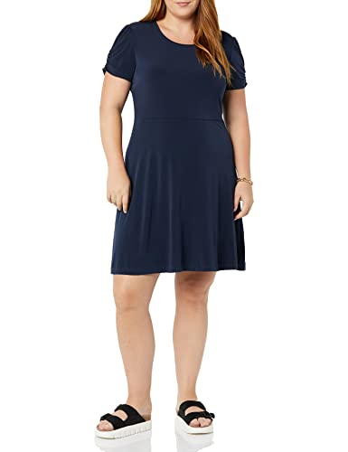 Amazon Essentials Women's Gathered Short Sleeve Crew Neck A-line Dress (Available in Plus Size), Navy, X-Large