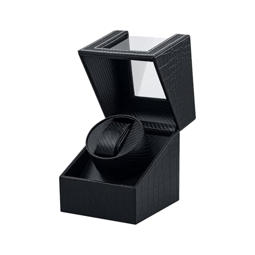 Mcbazel Cargador de Reloj para Relojes automáticos, Caja de Cargador de Reloj de Cuero de PU con patrón de Fibra de Carbono y Enchufe EU - Negro