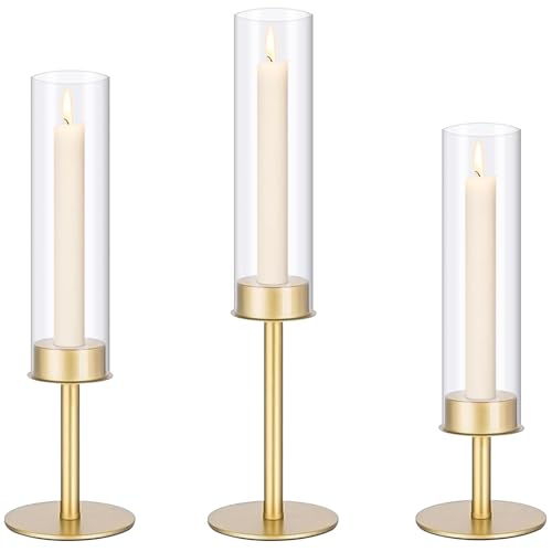 Gold Hurricane Candle Holders, Taper Glass Cover Candlestick, Tall Brass Candle Stick Decor for Table, Centerpiece, Wedding, Dinning, Party on Indoor and Outdoor, Set of 3