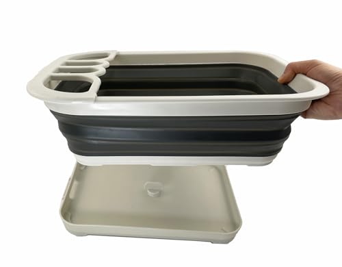 SAMMART Collapsible Plastic Dish Drainer with Drainer Board-Foldable Drying Rack Set-Portable Dinnerware Organizer-Space Saving Kitchen Storage Tray (Grey/Washed Black) - Image 4