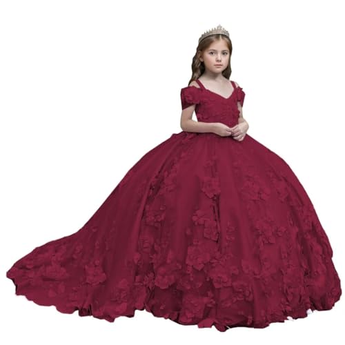 Mouccy Princess 3D Floral Flower Girls Dresses with Bow Cold Shoulder Kids Ball Gown Beaded Puffy First Communion Dresses