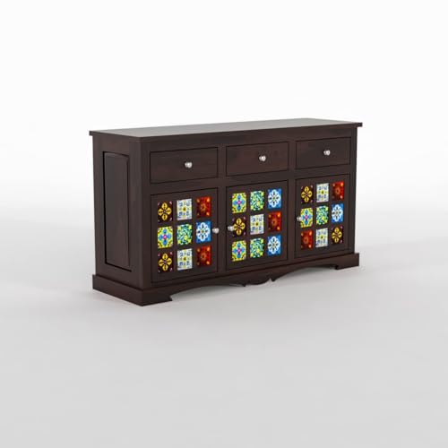 Image of Sheesham Wood Sideboard and Cabinets | Wooden Side Board Tv Cabinet with Multicolor Tiles for Living Room | Free Standing Buffet with 3 Drawers & 3 Door Cabinet Storage, Walnut Finish