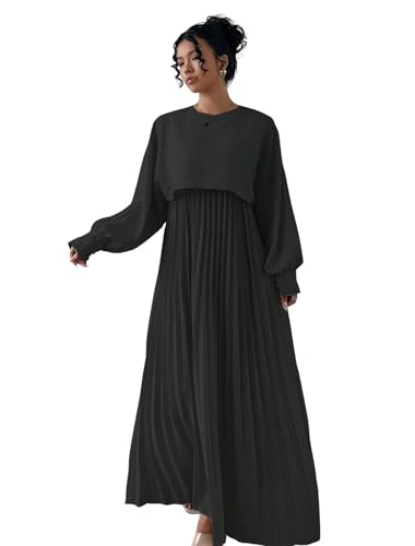 Image of LITZO Dress for Women || Women's Solid Pleated Maxi Dress || Modest Long Sleeve Loose Fit Flowy Gown for Casual, Office & Brunch || Lightweight Comfortable Western Outfit (T-L-17-18)