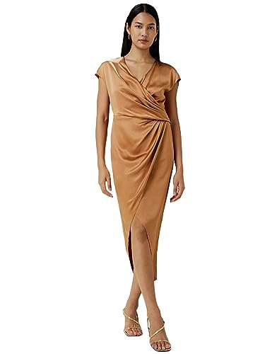 LilySilk X Natasha Exklusives Damen Seidenkleid Frau 22MM Maulbeerseide Wickelkleid mit asymmetrischem Schnitt und Seitenschlitz(Toffee,40)