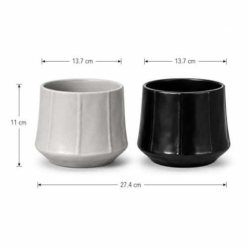 Image of Xtore 2 Pc Elegant Matte Black Ceramic Planter Pot for Indoor Plants & Tabletop Styling | Modern Minimal Desk, Shelf & Living Room Decor (Black & Grey, Planters only)