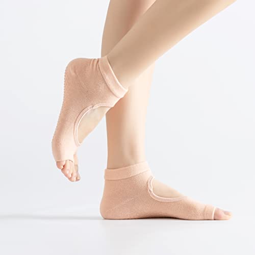 Image of Yoga Pilates Toe Socks Toeless Socks with Grips for Women Non Slip Cushioned Low Cut Ankle Socks for Dance