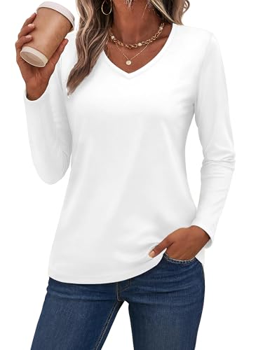 SMENG Womens Long Sleeve Shirts Pure Cotton V Neck T Shirt Basic Tops Casual Soft Tees
