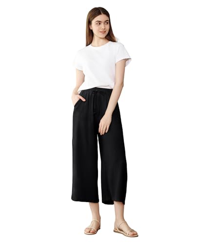 Pantalón Culotte Mujer Verano Ligero y Fresco – Corte Ancho, Cintura Elástica con Cordón, Bolsillos Laterales (90036-Black, XL-2XL)