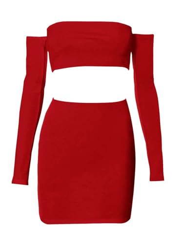 Image of Women's Summer Two-Piece Skirt Sets Sexy Off Shoulders Top Y2K Going Out Short T-Shirt Sets Mini Dress Outfits D293