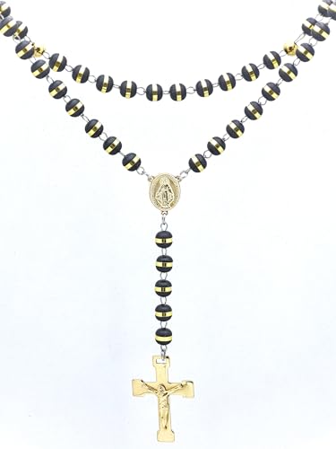 JAJAFOOK Mens Black Stainless Steel Black Gold Silicone Beads Rosary Necklace with Cross Pendant3