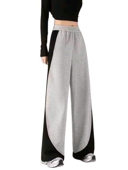Women High Waist Wide Leg Pants | Casual Relaxed Fit Cotton Blend Trousers | Trendy Dual-Tone Stylish Lowers (Black & Grey)-picture-39