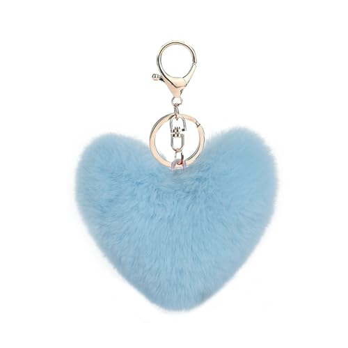 NICIFOAM Artificial Faux Rabbit Fur Keychain Fluffy Heart Plush Ball Pom Charm Key Chain Cute Car Key Decor Purse Handbag for Women Blue