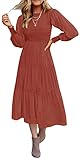 Coloody Women's 2024 Casual Long Sleeve Dress Crew Neck Smocked Flowy Tiered A-Line Pleated Midi Dress with Pockets(Rust, L)