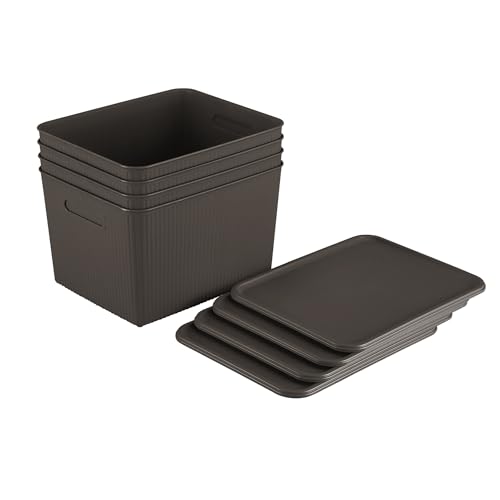 Image of Kolorr Ribbed Baskets Large Pack of 4 With 4 Standard Lid (Non-Airtight Loose-Fit Cover) Multipurpose Plastic Storage Baskets For Cloths Toys Wardrobe Home Kitchen & Livingroom I Dark Brown