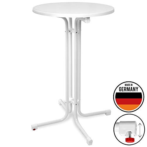 Beautissu Mesa Plegable Bellini - Mesa Alta Bar y Cocina - Ø 70 cm Mesa de Bistro de Exterior Redonda en Blanco - Nivelable por Tornillos Calidad gastronomía y Resistente al Calor