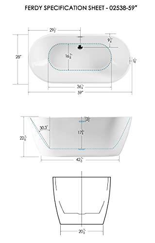 Ferdy Bali 59" Acrylic Freestanding Bathtub, Gracefully Shaped Freestanding Soaking Bathtub, Toe-Tap Chrome Drain And Classic Slotted Overflow Included, Glossy White, Cupc Certified #TOP4