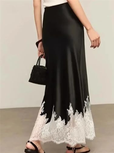 Women’S Elegant Satin A-Line Skirt with Patchwork Lace Hem High Waist Streetwear Mid-Calf Long Skirt2