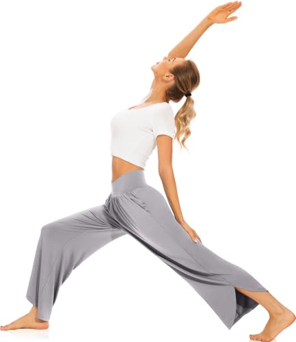 Image of TARSE Women's Wide Leg Yoga Pants Cross High Waist Flowy Split with Pockets | Comfy Lightweight Stretch, Flare Hem Cropped, Loose Dance Pants, Travel & Lounge, Everyday Casual Wear