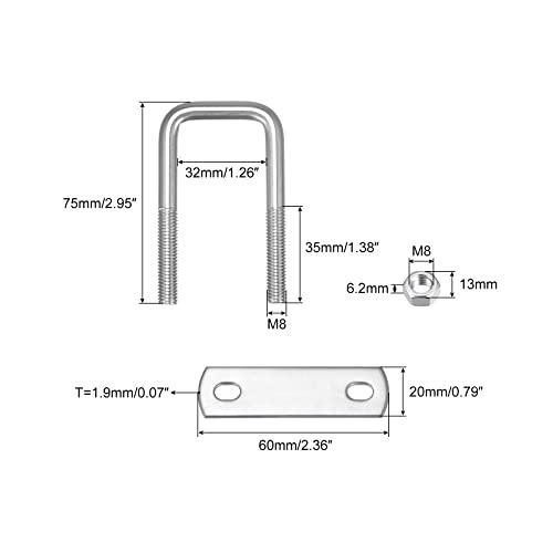 Image of uxcell Square U-Bolts, 2 Sets 32mm(1.26 inch) Inner Width 75mm Length M8 304 Stainless Steel U Clamp Bolt with Nuts and Plates, for Boat Trailer