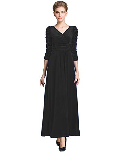 MedeShe Women's Christmas Long Sleeve V Neck Velvet Maxi Dress (Black Ruched Waist, 4/6)