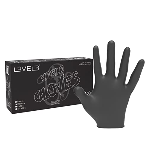 Level 3 Nitrile Gloves - Professional Heavy Duty Disposable Glove - Powder, PVC and Latex Free - Salon Barber Work and Household Use - Food Grade and Safe - Box of 100 (Medium, Black)