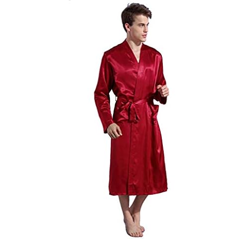 D C.Supernice Mens Faux Silk Dressing Gowns Casual Lightweight Satin Long Kimonos Robe Nightwear Bathrobe Red Cover