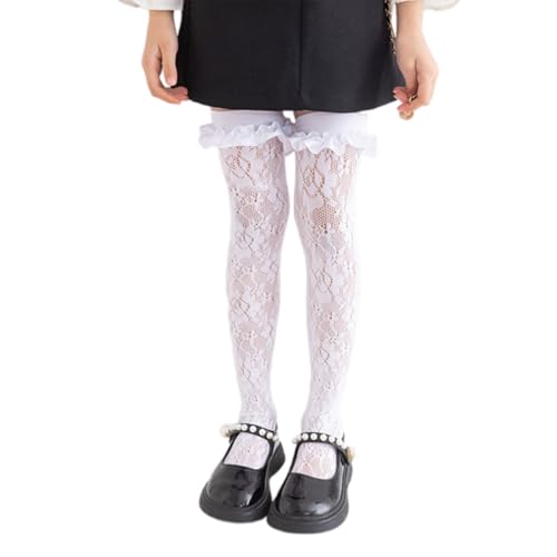 Shuade Calcetines altos de nailon para niñas, elegantes, estéticos, cómodos, para jugar activamente y vestir, calcetines de encaje acanalado suaves para niñas, apilables hasta la rodilla, blanco