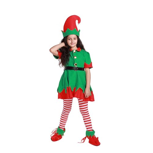 Disfraz de Lutin de Navidad para niños conjunto completo con gorro vestido de duende de Navidad ropa con falda, sombrero, calcetines cosplay disfraz de elfo Navidad bebe traje para carnaval, fiesta