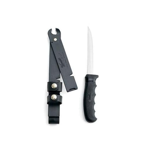 Cutco Model 5721 - Fisherman's Solution Filet Knife with 6" - 9" adjustable Straight Edge blade and 5.4" handle. Pivoting sheath doubles as a gripper, built-in notched line cutter and sharpening stone