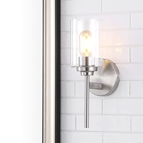 Image of JONATHAN Y 13 inch Nickel /Clear Industrial Farmhouse LED Wall Sconce, with Clear Glass Cylinder Shade, 1-Light Iron Vanity Light for Bathroom Mirror Hallway Bedroom (JYL9547C)