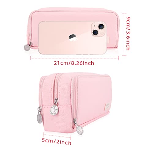 Image of iSuperb Large Pencil Case 3 Compartments Pencil Pouch Big Capacity Pencil Bag Oxford Stationery Storage Pen Bag Cosmetic Makeup Pouch for Women Girls (Pink)