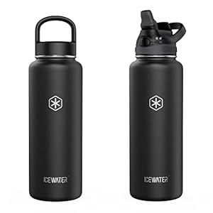 ICEWATER-40 oz,2 Lids(Soft Auto Straw Lid + Wide Mouth Lid),Insulated Water Bottle With Straw,Stainless Steel,BPA-Free,Powder Coated,Lockable Lid,Pop-up Top,One-hand Operation (40 oz, Black)