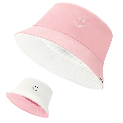 Image of Unisex Bucket Hats Beach Summer Sun Hat with UV Protection for Women Men Pink-White SmileyWorld