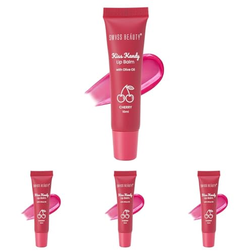 Swiss Beauty Kiss Kandy Lip Balm with Olive Oil | Moisturising | Non-Sticky | Soft & Smooth Lips | Shade - Cherry, 10ml (Pack of 4)