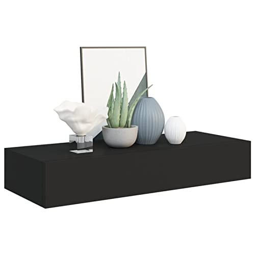 Gecheer Estante Pared Negro, Compacto con cajón. Organiza Llaves, Joyas. MDF y Metal Resistente, 60 cm, Carga 10 kg. Ideal salón, Dormitorio. Diseño Moderno, fácil Montaje.