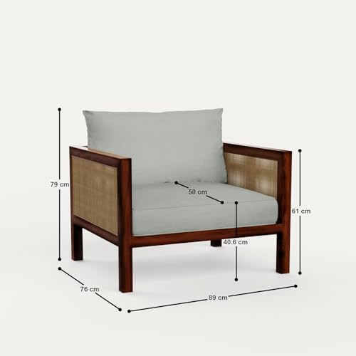 Image of OCTANGLE Sheesham Wood Rattan 1 Seater Sofa for Livingroom - Wooden Sofa Set for Home with White Cushion - Handcrafted Livingroom Sofa Furniture (Honey Finish)