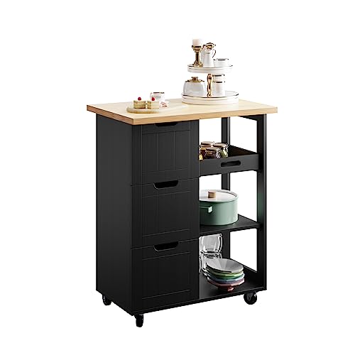 Image of SUNLEI Kitchen Island with Storage Cart Rolling Coffee Small Butcher Block Table Microwave with 3 Drawers on Wheels Station Portable Mobile Narrow Moveable Utility Counter Wood Top Spaces Bar Food