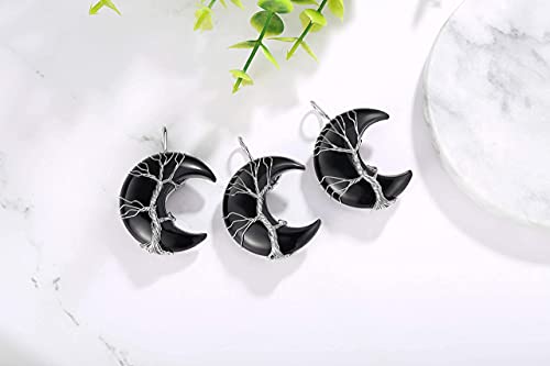Image of XIANNVXI Tree of Life Wire Wrapped Crescent Moon Pendant Necklace Reiki Healing Crystal Stone Necklaces Natural Gemstone Quartz Jewelry for Women