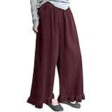 Damen Cordhose mit weitem Bein, hohe Taille, gerades Bein, Kordel-Palazzo-Hose, Frühlingsmode, Vintage, Rüschensaum, Cordhose, elegant, lässig, Büro, Arbeitshose mit Taschen, rot, M