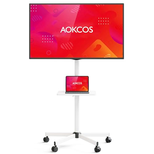 AOKCOS TV Ständer Rollbar für 32-65 Zoll Fernseher, TV Wagen mit Tablett, Fernsehständer Höhenverstellbar, Mobiler TV Standfuss mit Rollen, TV Rollwagen bis 40kg, Max. VESA 400x400mm (Weiß)