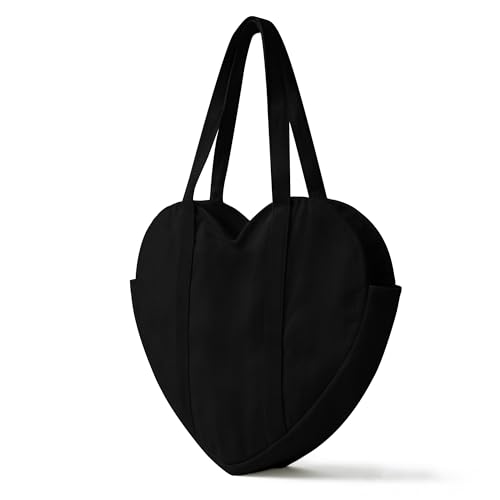 CosInStyle Cute Heart Shaped Canvas Tote Bag for Women Daily Reusable Shoulder Grocery Book Bags with Pocket & Buckle (Black)