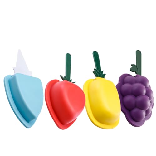 OKUMEYR 4Pcs Silicone Ice Cream Mold Creative DIY Ice Lolly Molds with Lids Fun Yellow Ice Cream Purple Grape Red Strawberry Shapes for Family Treats